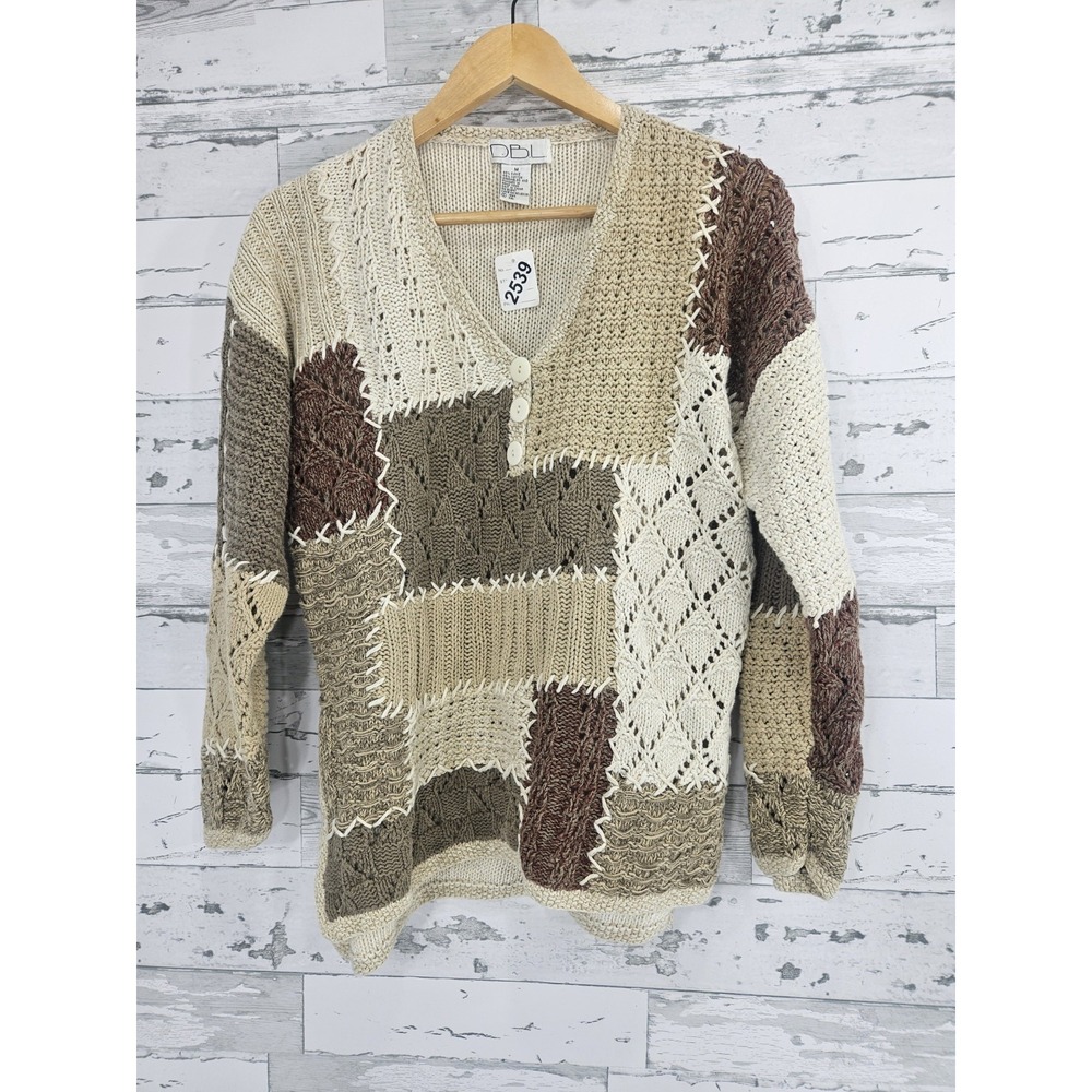 Vintage DBL Womens Medium Patchwork Knit Sweater Brown Ramie Cotton V Neck